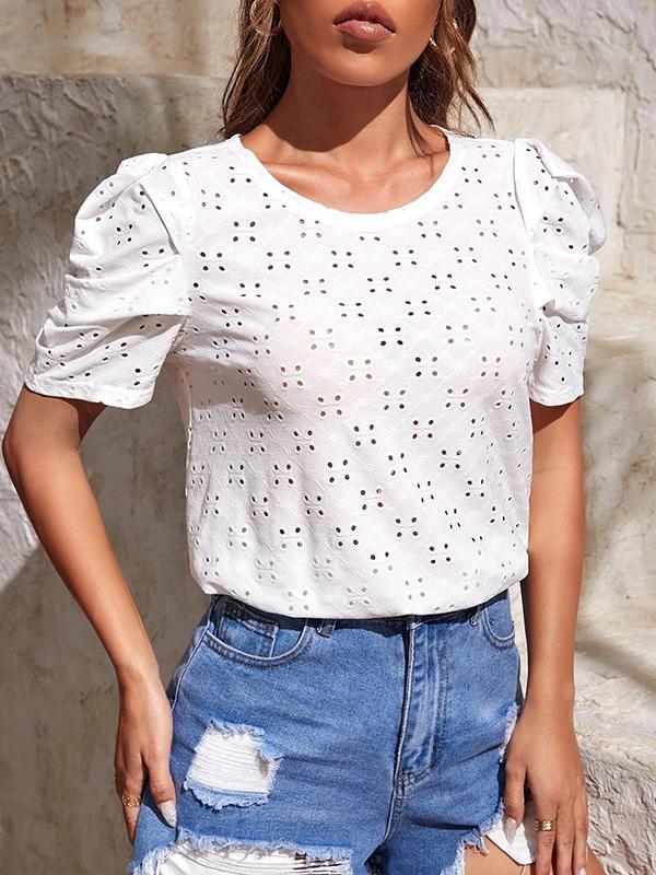 Loose Short Sleeves Hollow Pleated Solid Color Round-Neck T-Shirts Tops Product Image