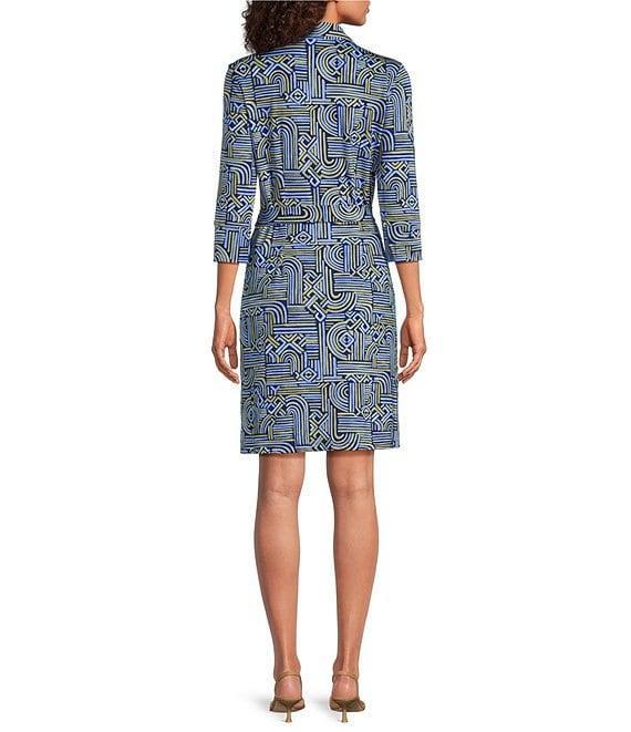 J.McLaughlin Brynn Abstract Printed Knit Point Collar 3/4 Sleeve Button Front Shirt Dress Product Image