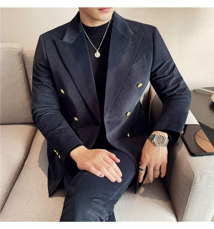 Set: Peak Lapel Plain Double-Breasted Blazer + High Waist Cropped Tapered Pants Product Image