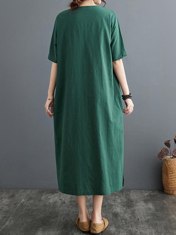 A-Line Loose Chinese Frog Buttons Pockets Solid Color Split-Side V-Neck Midi Dresses Product Image