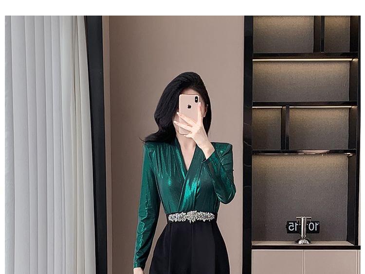 Long-Sleeve Faux Leather Wide Leg Jumpsuit Product Image