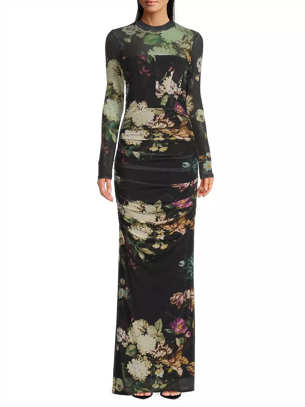 Lexington Floral Mesh Long-Sleeve Gown Product Image