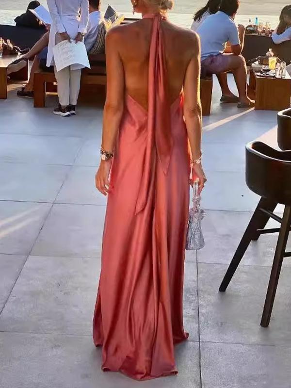 A-Line Loose Backless Solid Color Tied Halter-Neck Maxi Dresses Product Image