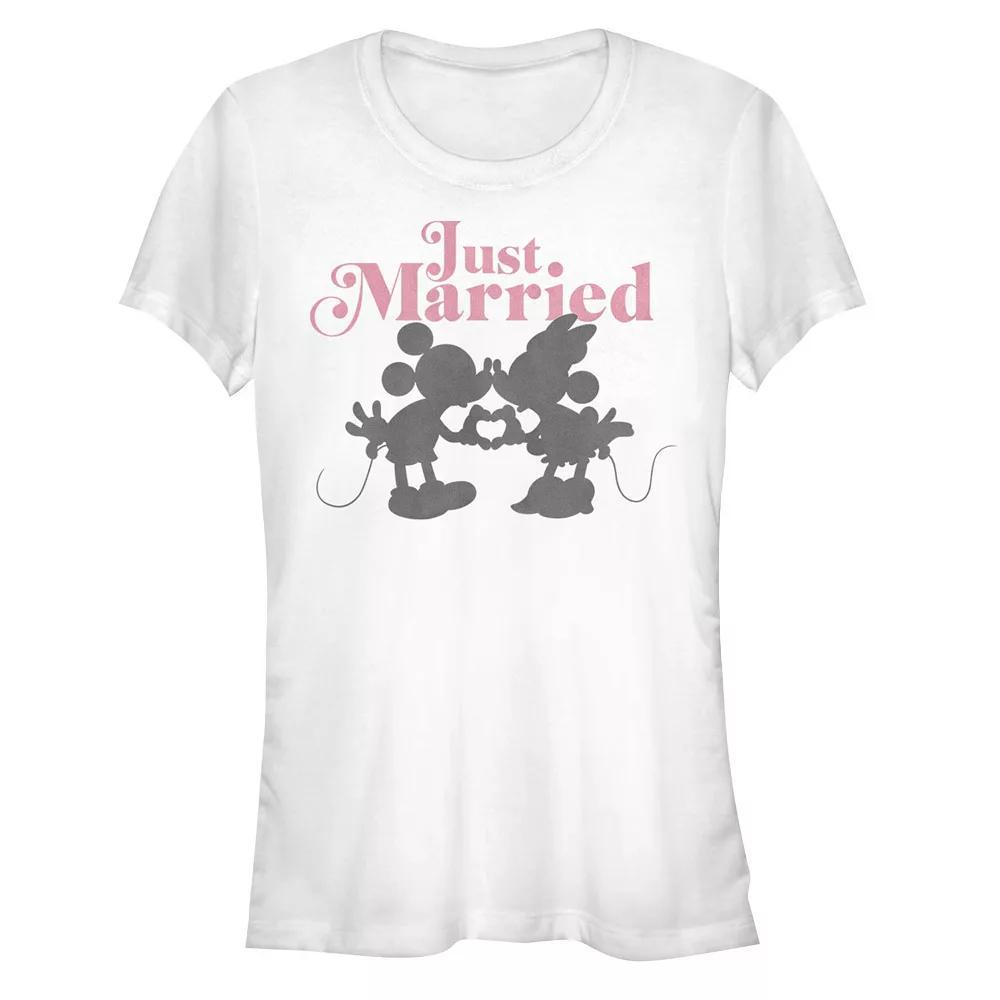 Disney's Mickey Mouse And Minnie Just Married Sign Juniors' Graphic Tee, Women's, Size: Small, White Product Image