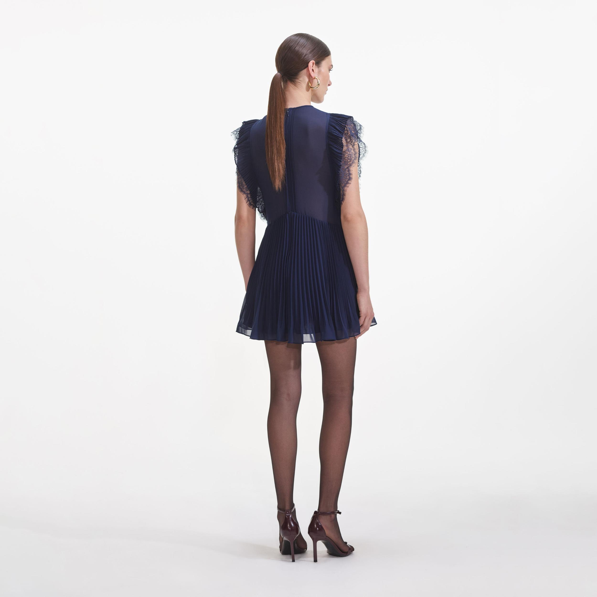 Navy Chiffon Ruffle Mini Dress Product Image