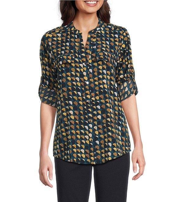 Calvin Klein Crew Neck Roll Tab Sleeve Button Front Blouse Product Image