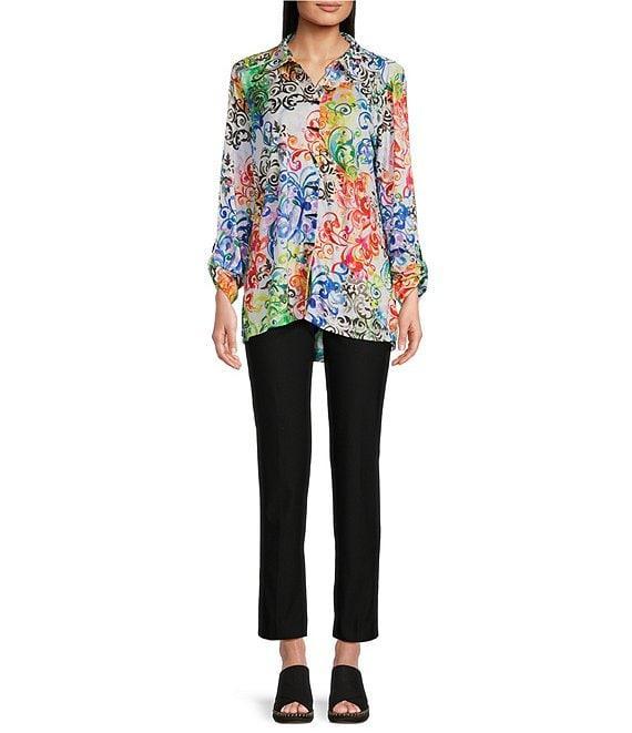 Ali Miles Petite Size Woven Abstract Multi Print Point Collar 3/4 Roll-Tab Sleeve Button Front Tunic Product Image