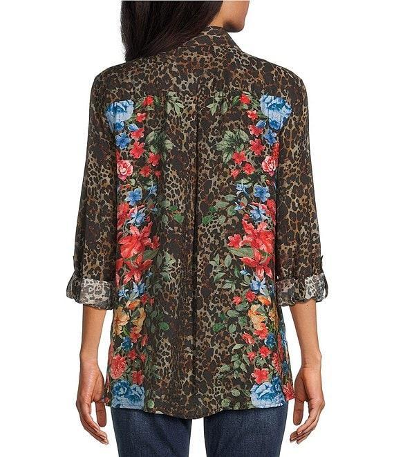 John Mark Petite Size Animal Skin Floral Multi Print Point Collar Long Roll-Tab Sleeve Button Front Tunic Product Image