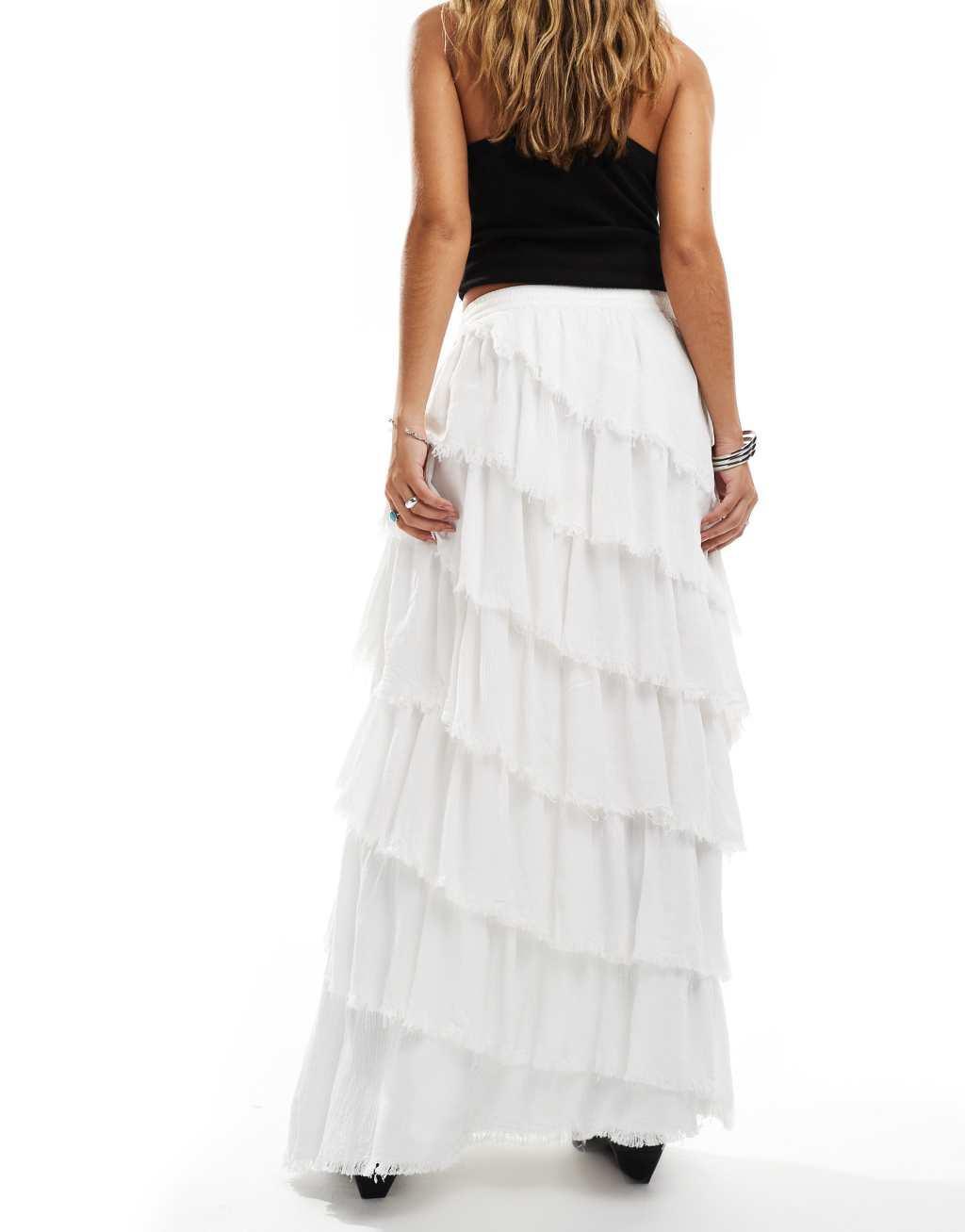 Miss Selfridge textured asymmetric tiered frayed edge maxi skirt in white Product Image