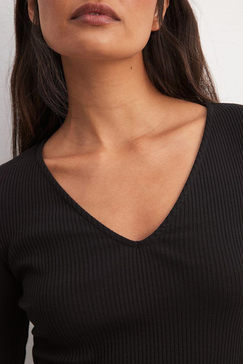 V-Neck Ribbed Long Sleeve Top Product Image