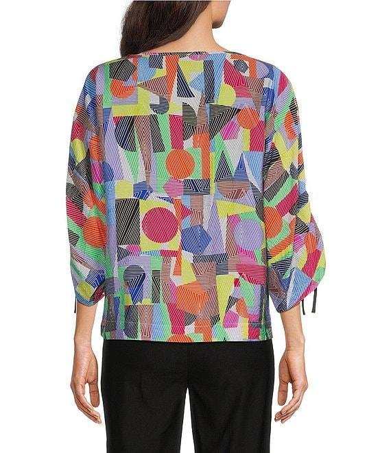 Ali Miles Petite Size Woven Abstract Print Round Neck 3/4 Dolman Cinch Tie Sleeve Tunic Product Image