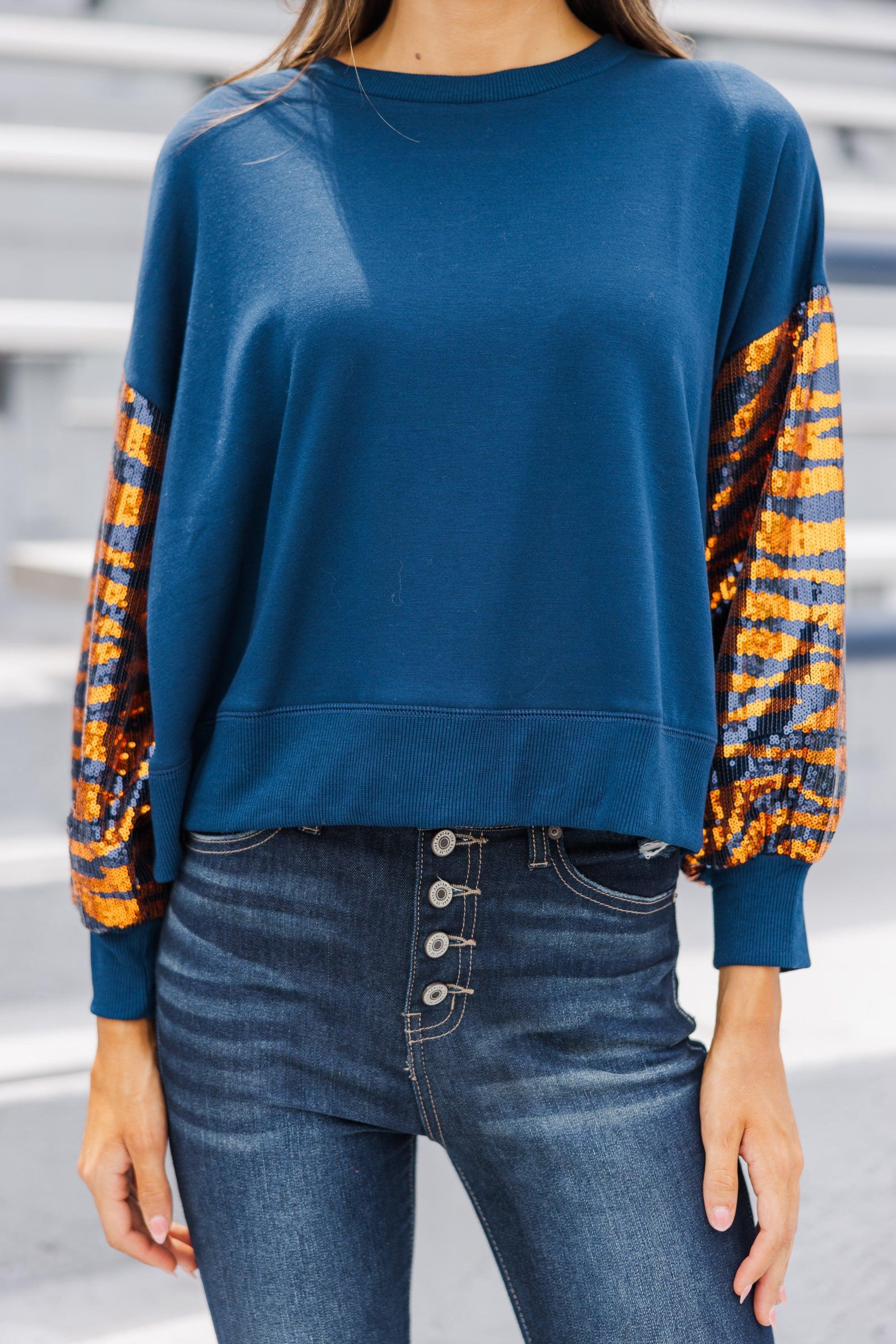 First In Line Navy Blue Tiger Sequin Blouse Female Product Image