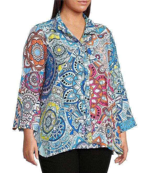 Ali Miles Plus Size Medallion Print Wire Collar 3/4 Sleeves Button Front Tunic Product Image