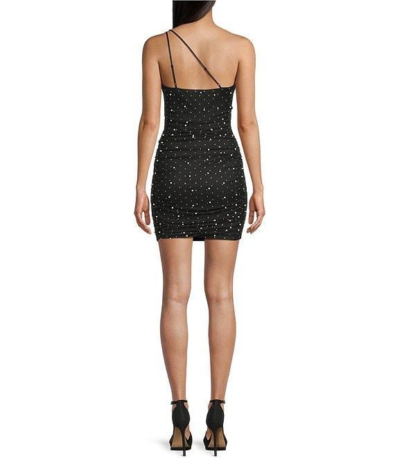 Honey and Rosie Power Mesh Pearled Rhinestone One-Shoulder Shirred Bodycon Dress Product Image