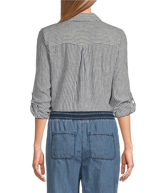 Westbound 3/4 Roll-Tab Sleeve Point Collar Y-Neck Button Front Top Product Image