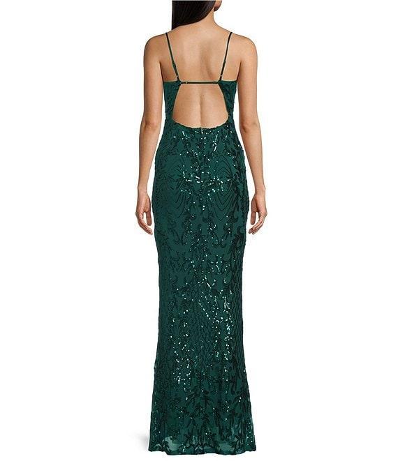 Midnight Doll Patterned Sequin Scoop Neck Spaghetti Strap Side Slit Long Dress Product Image