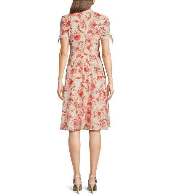 Leslie Fay V-Neck Short Tie Sleeve Mock Button Front Fit and Flare Dress Product Image