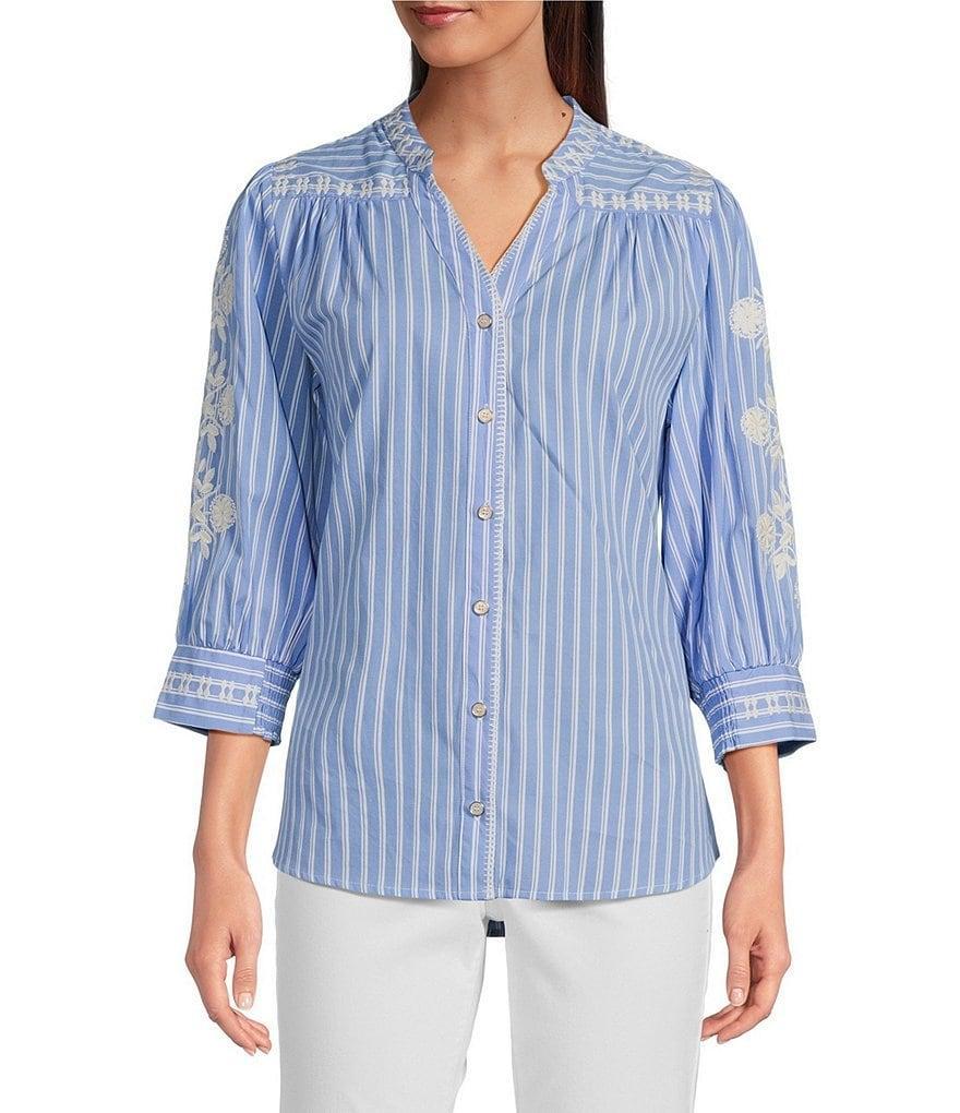 Calessa Embroidered Stripe Split V-Neck 3/4 Sleeve Button Front Shirt Product Image