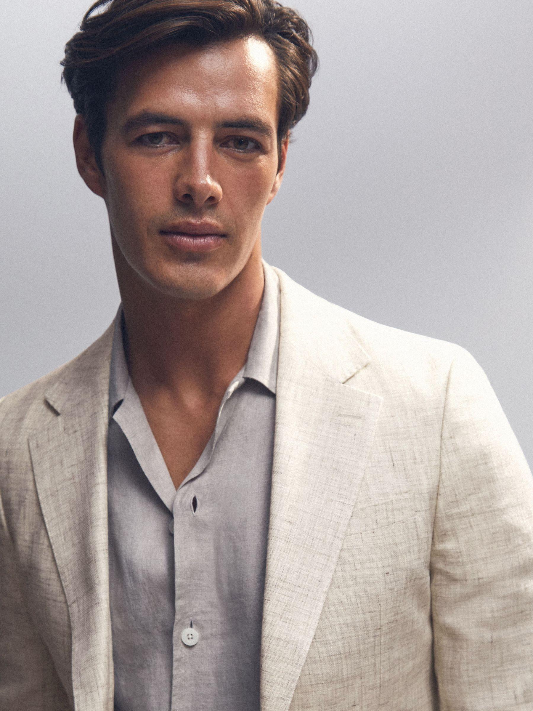 Slim Fit Linen Single Breasted Check Suit Blazer in Oatmeal Product Image