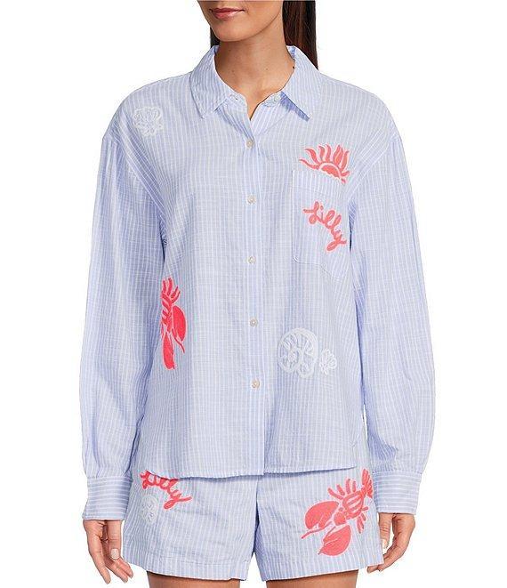 Lilly Pulitzer Bondi Jacaranda Beach Day Embroidered Seacret Stripe Print Point Collar Long Sleeve Coordinating Top Product Image
