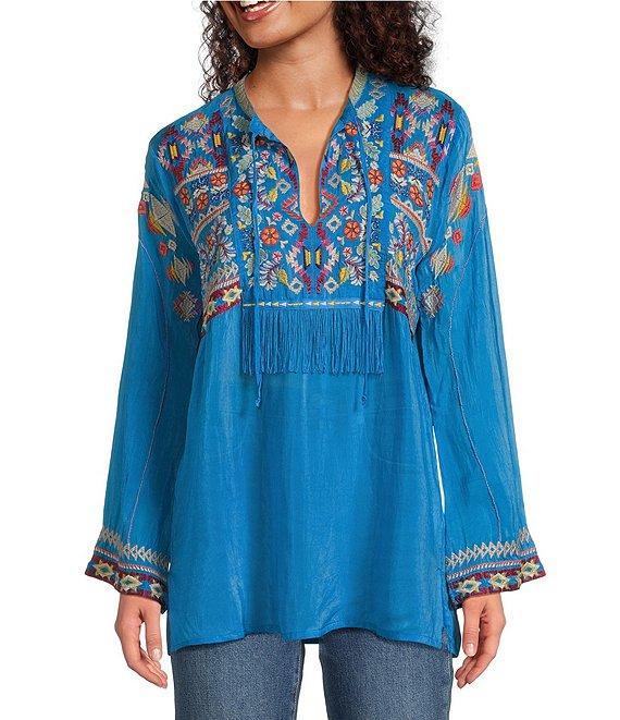 JOHNNY WAS Coriander Embroidered Cupro Split V-Neck Long Sleeve Tunic Product Image