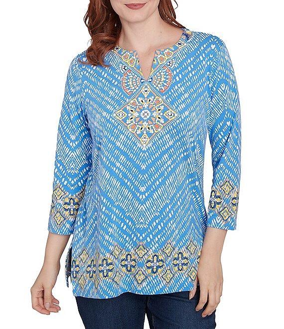 Ruby Rd. Knit Embellished Medallion Placement Border Print Split V-Neck 3/4 Sleeve Top Product Image