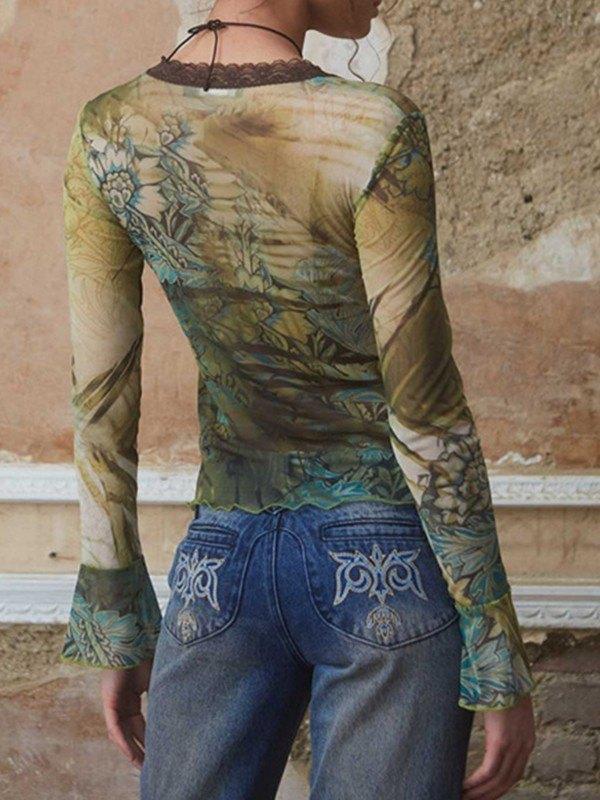 Tie Front Patchwork Mesh Long Sleeve Cropped Blouse Product Image