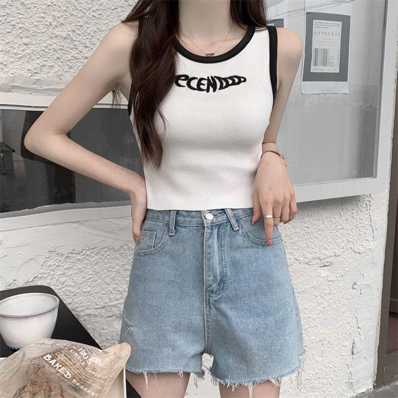 Crew Neck Lettering Embroidered Contrast Trim Tank Top Product Image