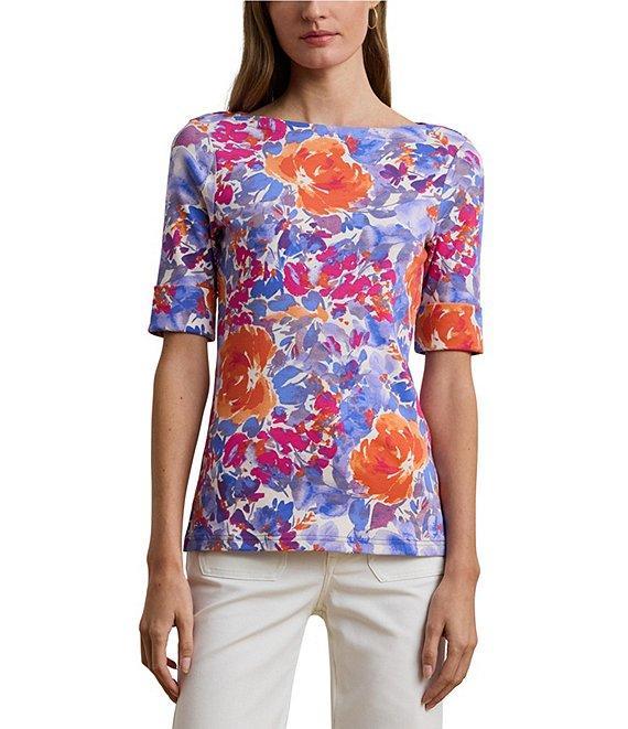 Lauren Ralph Lauren Stretch Cotton Floral Print Boat Neck Elbow Sleeve T-Shirt Product Image