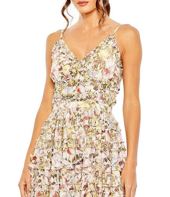 Mac Duggal Floral Print V-Neck Spaghetti Strap Ruffle Embellished A-Line Maxi Dress Product Image
