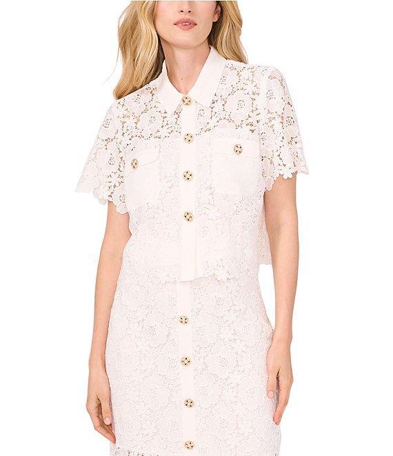 CeCe Lace Collared Short Sleeve Patch Pocket Button Front Top Product Image