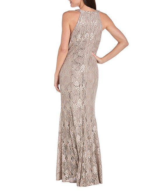 R & M Richards Petite Size Keyhole Neck Glitter Lace Scalloped Bodice Mermaid Gown Product Image