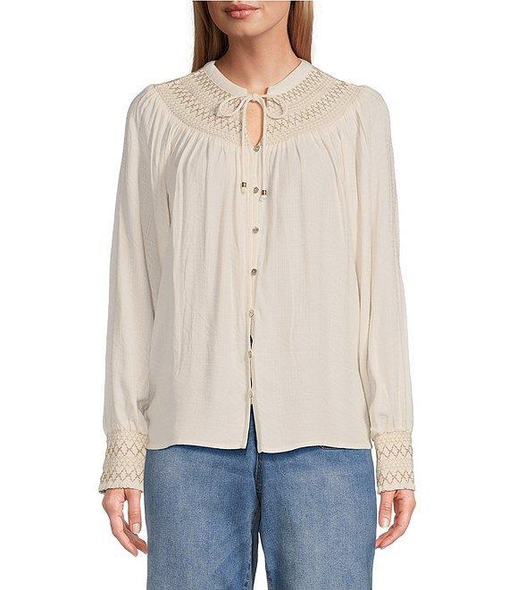 Nurture by Westbound Woven Long Sleeve Button Front Novelty Smocking Top Product Image