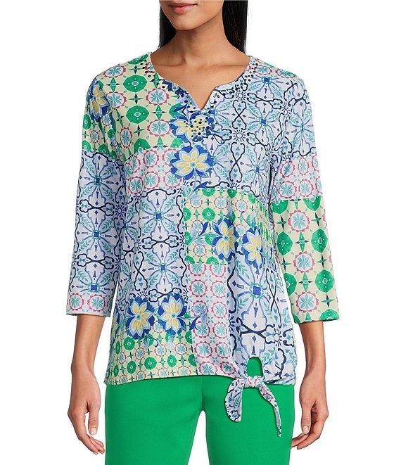 Allison Daley Petite Size Tile Block Print 3/4 Sleeve Split V-Neck Tie Hem Knit Top Product Image
