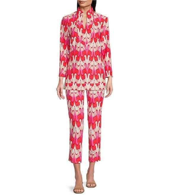 Jude Connally Chris Paradise Ikat Peony Print Jude Cloth Stretch Knit Mandarin Collar Bracelet Sleeve Coordinating Top Product Image