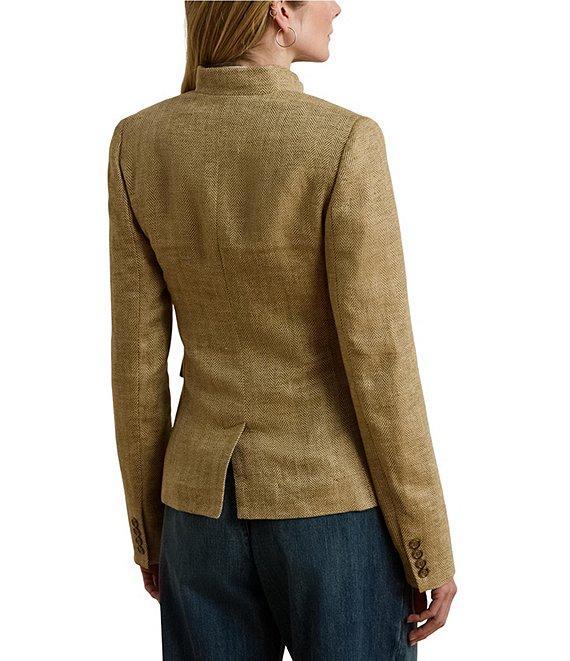 Lauren Ralph Lauren Petite Size Herringbone Linen Band Collar Long Sleeve Button Front Jacket Product Image