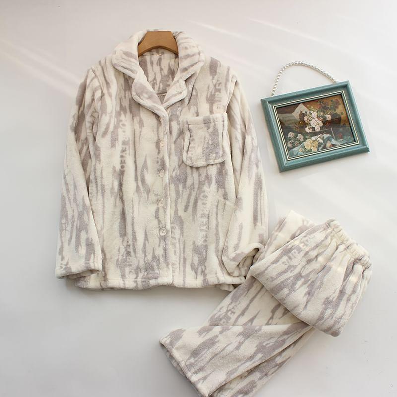 Couple Matching Pajama Set: Long-Sleeve Lapel Collar Zebra Print Flannel Button Top + Pants (Various Designs) Product Image