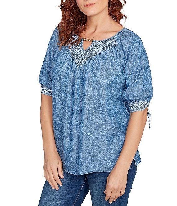 Ruby Rd. Petite Size Tencel™ Embroidered Allover Printed Keyhole Neck Elbow Tie Sleeve Top Product Image