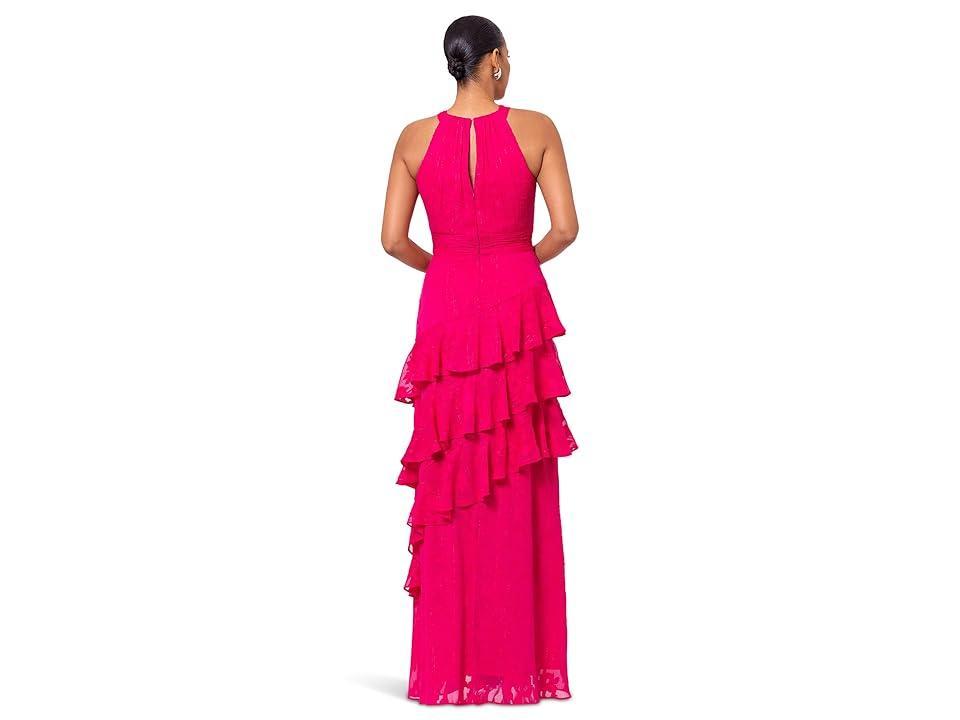 XSCAPE Long Metallic Chifon Tiered Ruffle Women's Dress Product Image