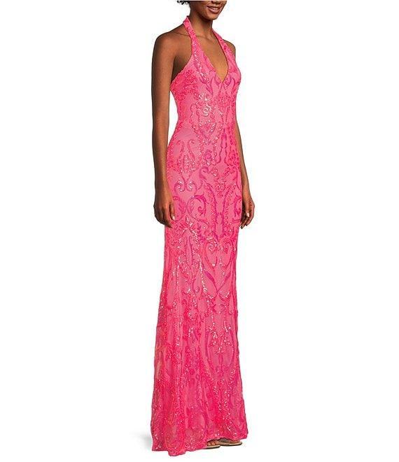 B. Darlin V-Neck Patterned Sequin Halter Dress Product Image