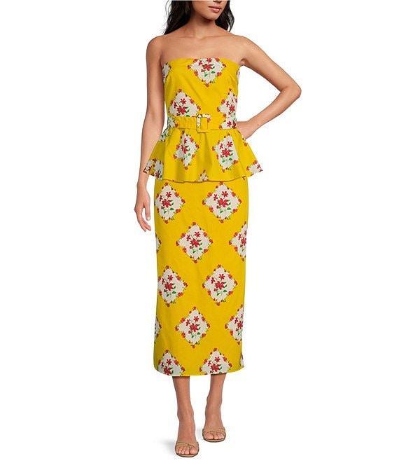 Sugarlips Coordinating Floral Print Strapless Sleeveless Belted Peplum Top Product Image