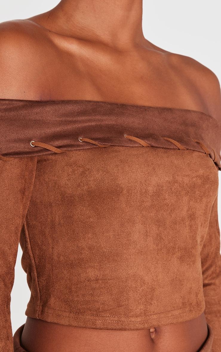 Brown Faux Suede Contrast Foldover Stitch Detail Bardot Top Product Image