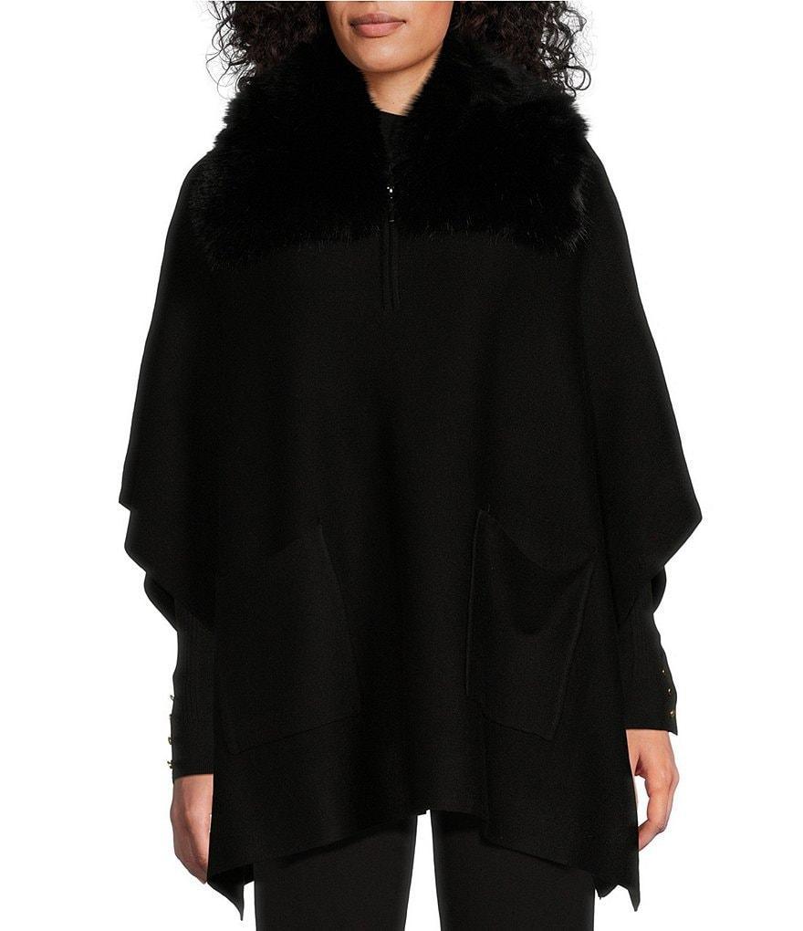 Investments Removable Faux Fur Zip Point Collar Elbow Sleeve Sweater Poncho Product Image