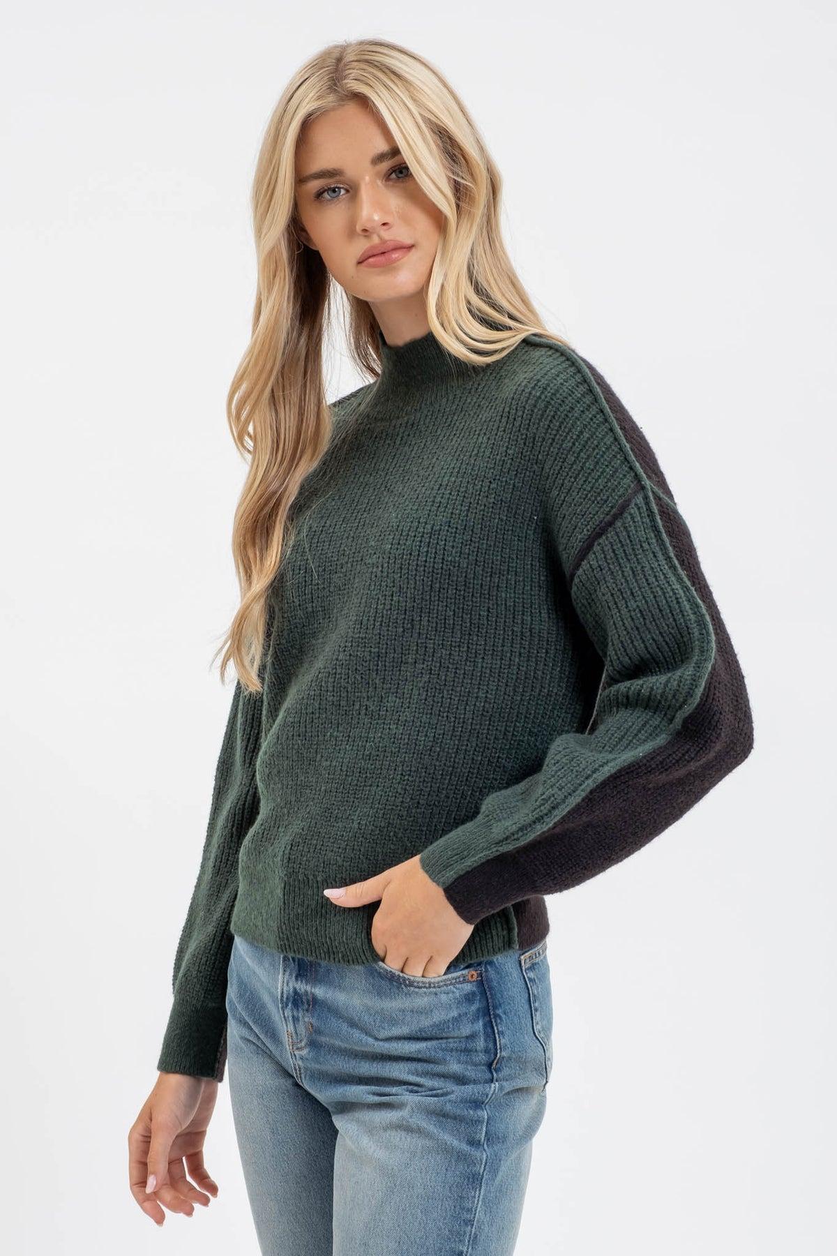 Color Block Mock Neck Exposed Seam Knit Sweater Product Image
