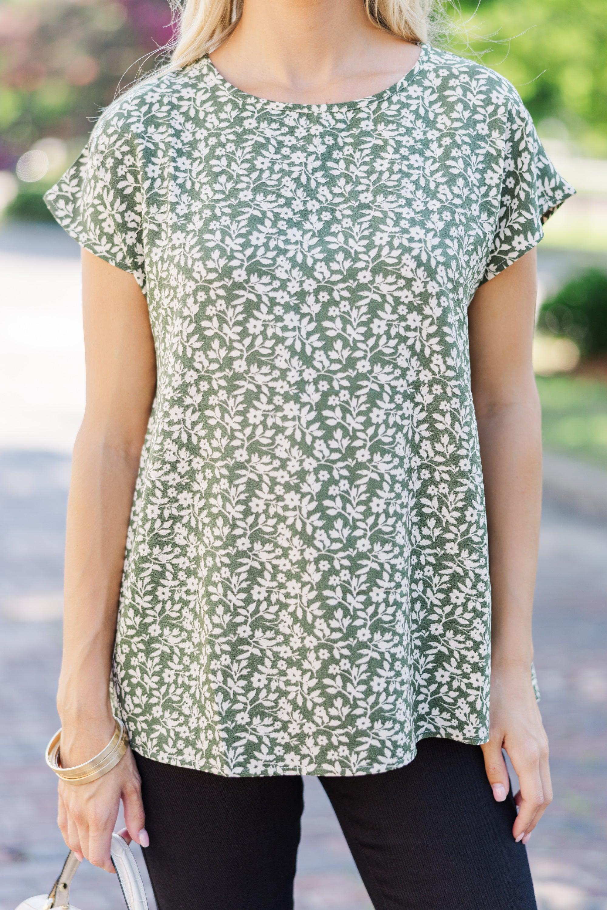 Hello Beautiful Olive Green Floral Cap Sleeve Top Female Product Image