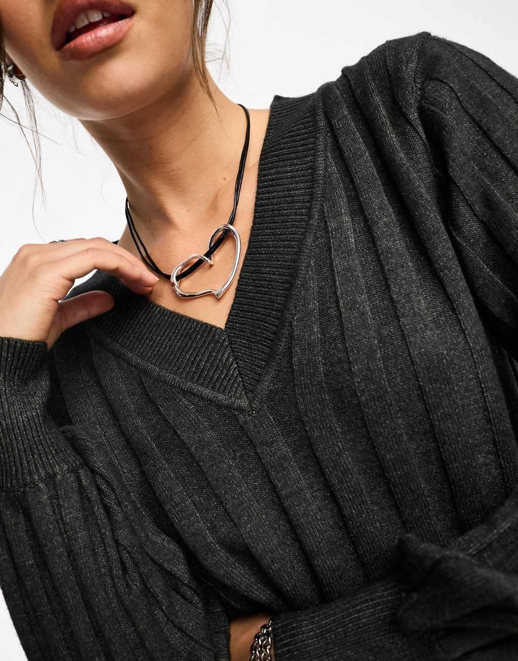 Object knitted rib v neck sweater Product Image