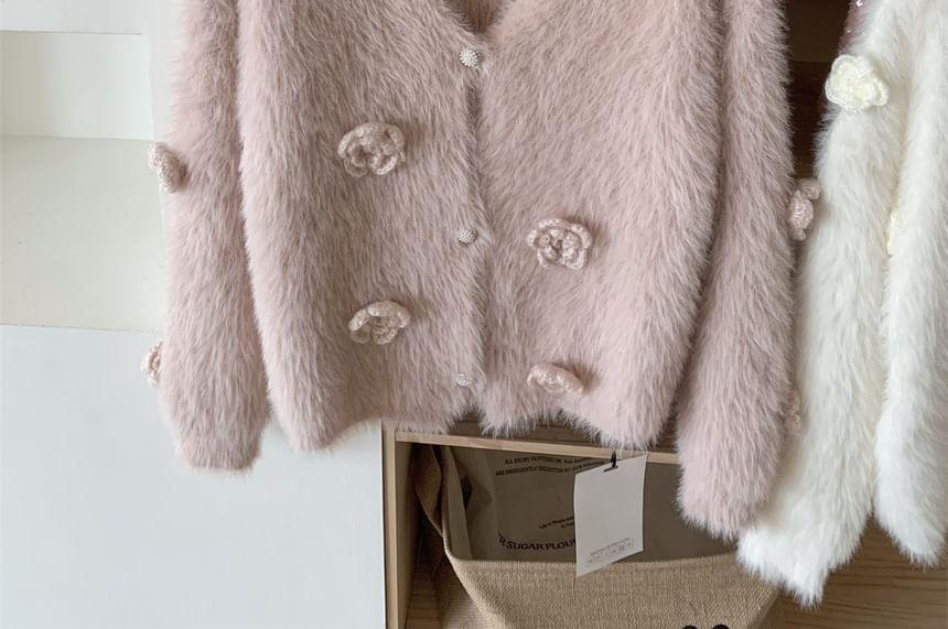 V-Neck Floral Detail Fluffy Button Cardigan Product Image