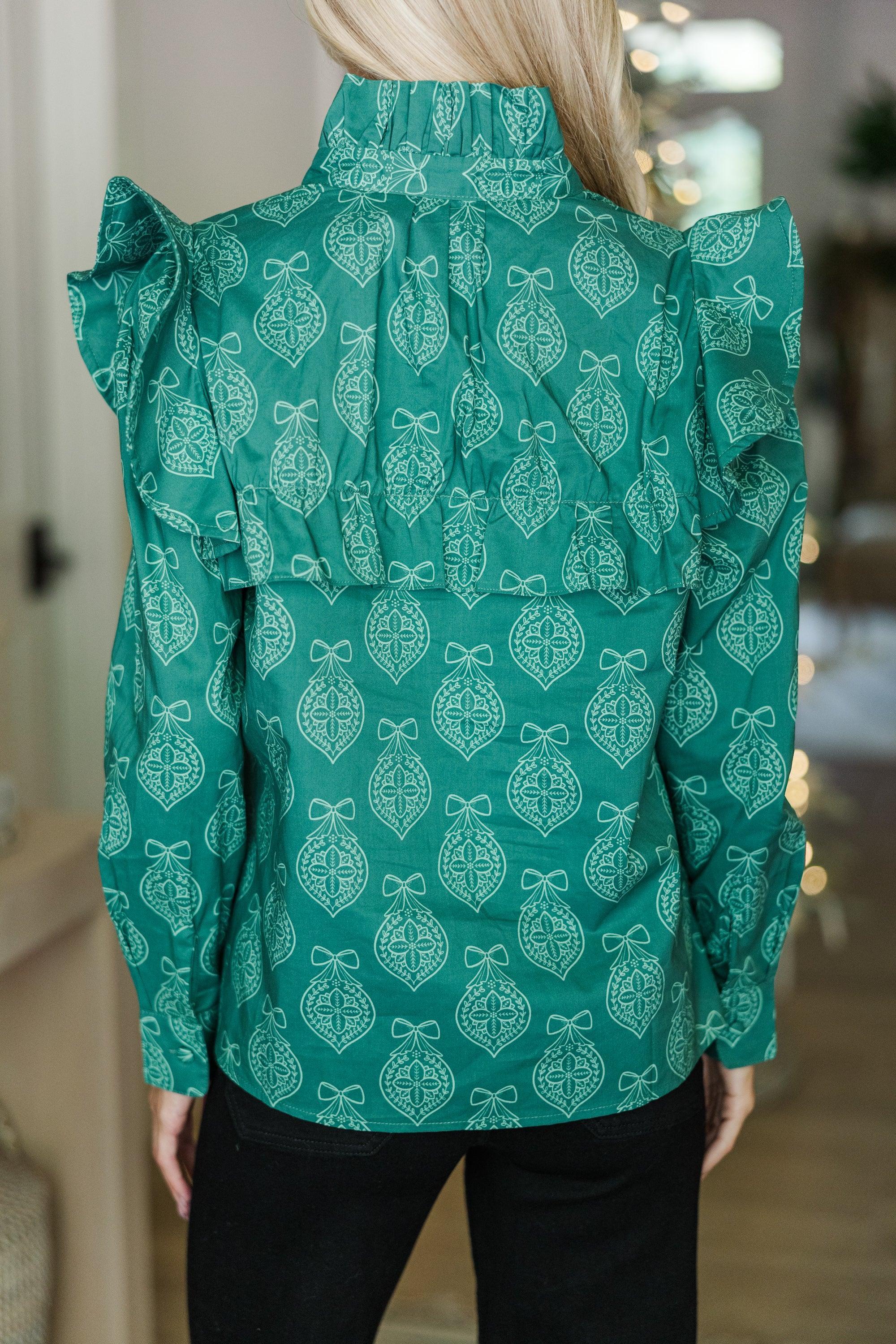 On Your Time Emerald Medallion Print Button Down Top Female Product Image