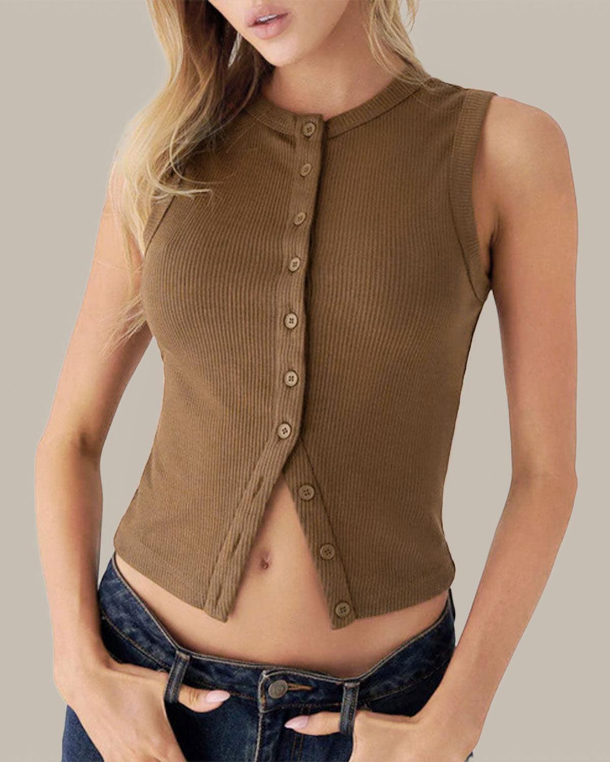 Coffee Round Neck Knit Tank Top Product Image