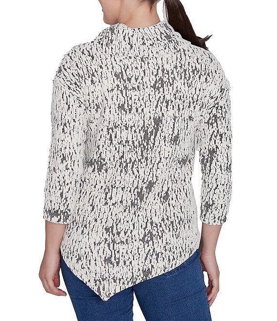 Ruby Rd. Knit Faux Fois Bois Print Split Cowl Neck 3/4 Sleeve Asymmetric Hem Sweater Product Image